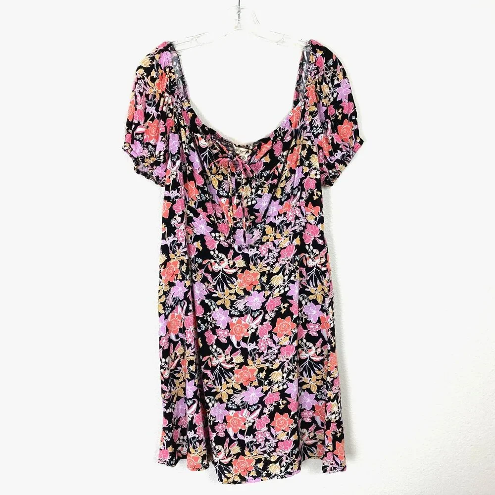 Rewind NWT A-Line Mini Dress Juniors Size XL Smocked Back Puff Sleeve Tie Neck